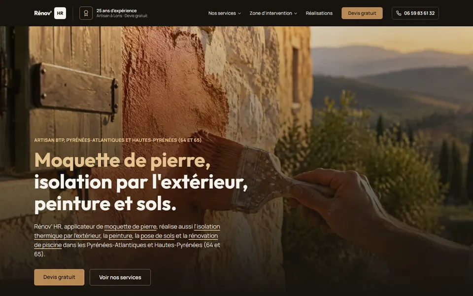 Page d'accueil du site de Rénov' HR, artisan du bâtiment près de Pau